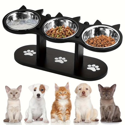Elevated Cat Bowl with Stainless Dishes